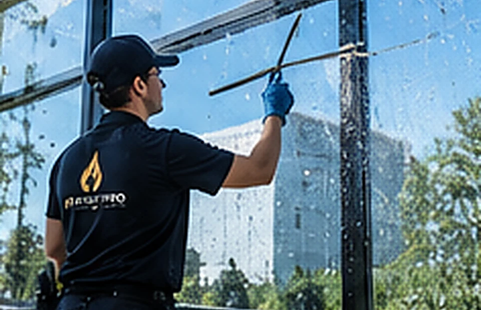 Illustrative worker cleaning the glass windows of a commercial building