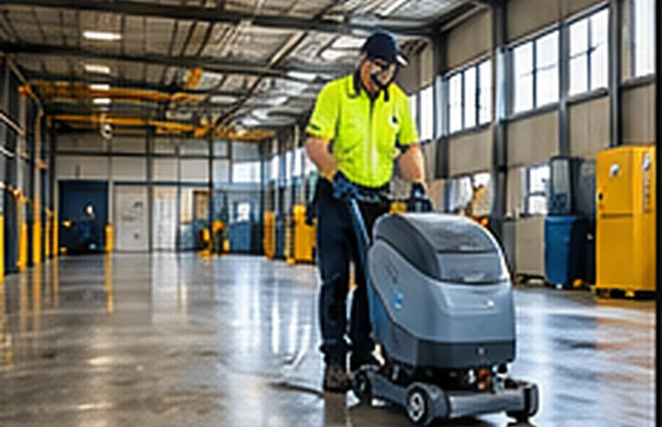 Illustrative worker using commercial floor scrubber in warehouse