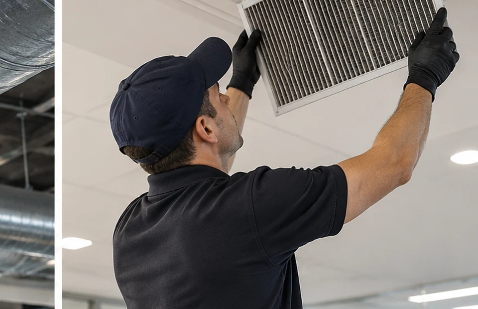Illustrative technician opening ceiling vent filter in a commercial workplace
